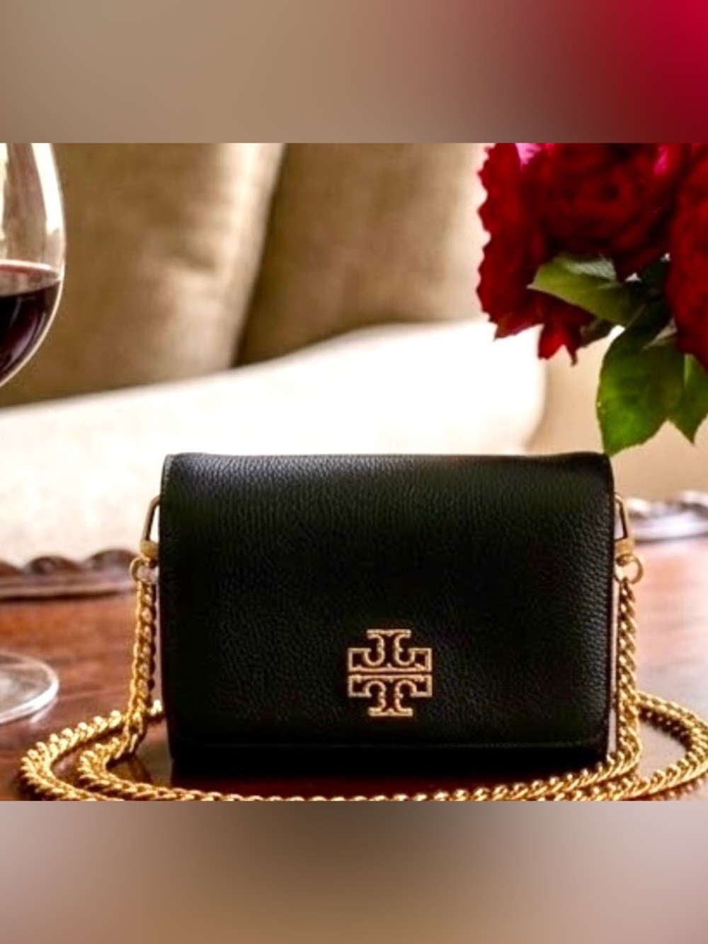 Tory Burch Britten Wallet On Chain Black Pebbled Leather Crossbody Bag WOC